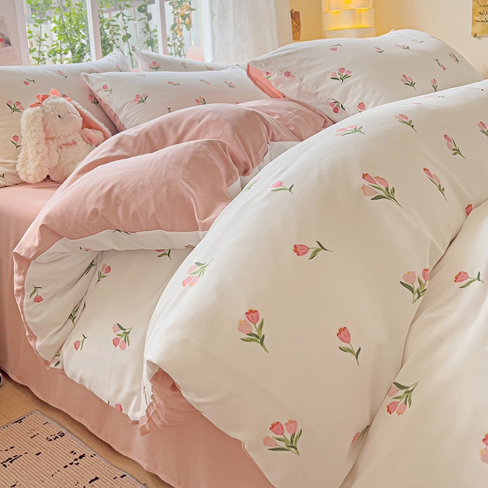 91家纺网 家纺一手货源 找家纺 2025水洗棉双层纱简约风ins风小碎花被套床单款床笠款三四件套-单被套