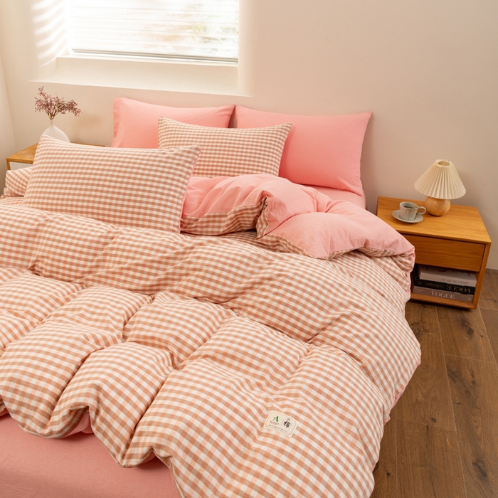 91家纺网 家纺一手货源 找家纺 居美良品 2025新款100%全棉色织水洗棉四件套 米咖小格