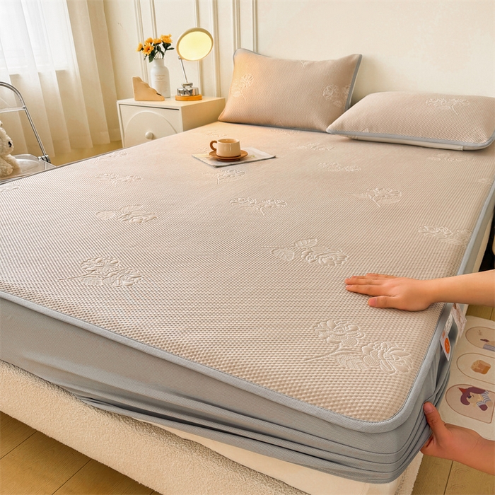 91家纺网 家纺一手货源 找家纺 恒爱   2025新款冰丝牡丹花床笠 卡其