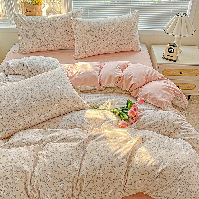 91家纺网 家纺一手货源 找家纺 2025水洗棉双层纱简约风ins风小碎花被套床单款床笠款三四件套-单被套