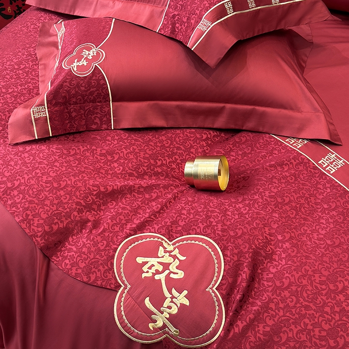 91家纺网 家纺一手货源 找家纺 2025新款婚庆四件套亲肤棉刺绣磨毛婚庆四件套 禧时