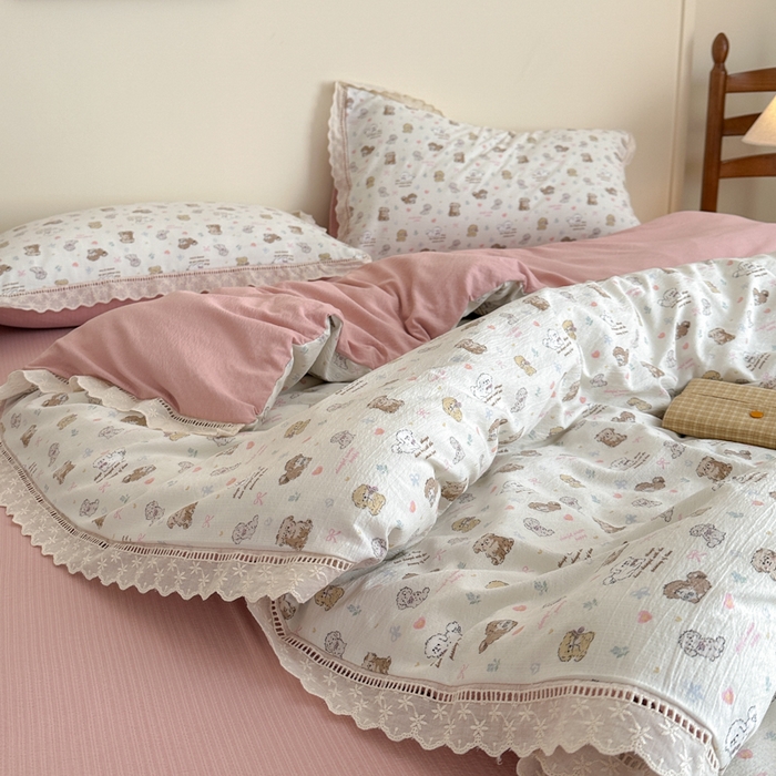 91家纺网 家纺一手货源 找家纺 一霖家纺 2025新款云感双层纱花边款四件套 小奶狗