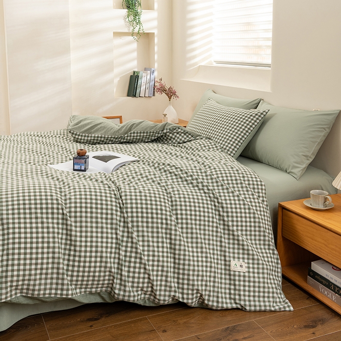 91家纺网 家纺一手货源 找家纺 居美良品 2025新款100%全棉色织水洗棉四件套 绿小格