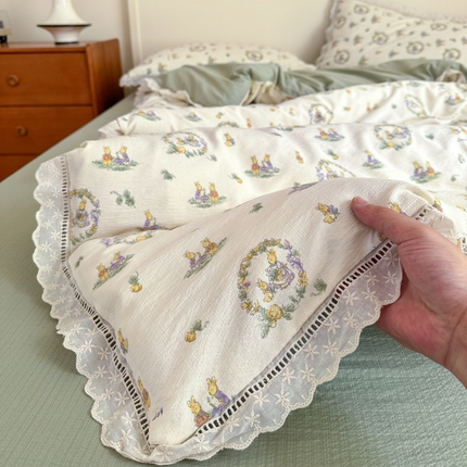 一霖家纺 2025新款云感双层纱花边款四件套 森林小兔