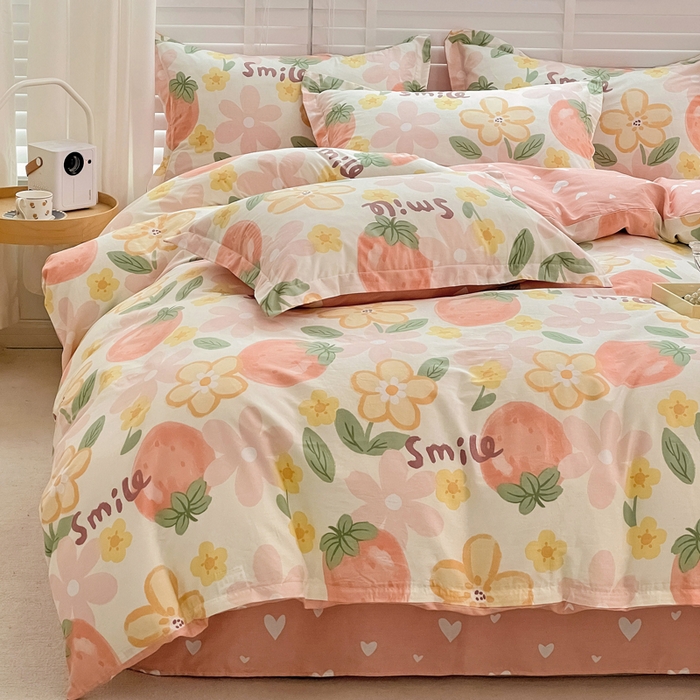 91家纺网 家纺一手货源 找家纺 依庭 2025新款全棉印花花卉款四件套单品系列-四件套 笑脸草莓