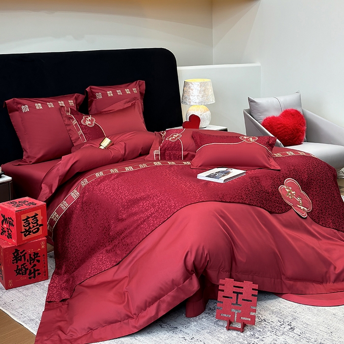 91家纺网 家纺一手货源 找家纺 2025新款婚庆四件套亲肤棉刺绣磨毛婚庆四件套 禧时