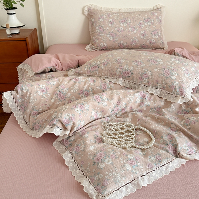 91家纺网 家纺一手货源 找家纺 一霖家纺 2025新款云感双层纱花边款四件套 花儿朵朵