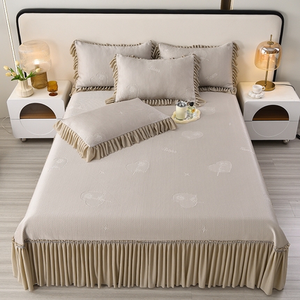 91家纺网 家纺一手货源 找家纺 畅畅家纺 2025新款立体提花凉豆豆席床裙款凉席 时尚空间-粉