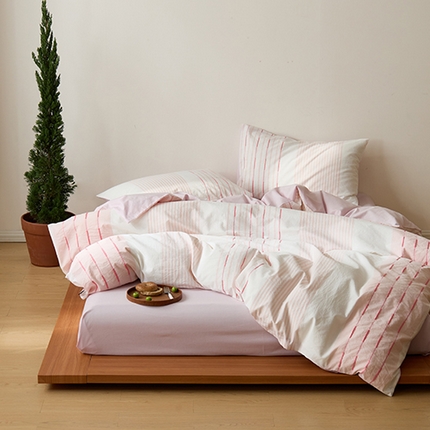 猪先生家纺 2025新款全棉色织提花水洗棉条纹四件套纯棉床单被套学生宿舍三件套床上用品 素雅粉