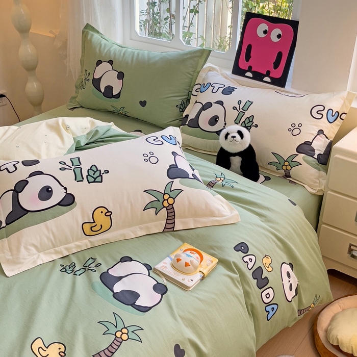 91家纺网 家纺一手货源 找家纺 依庭 2025新款全棉印花花卉款四件套单品系列-四件套 熊猫溪水