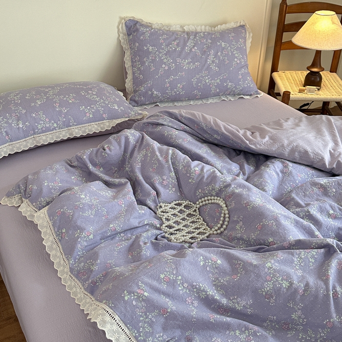 91家纺网 家纺一手货源 找家纺 一霖家纺 2025新款云感双层纱花边款四件套 紫韵