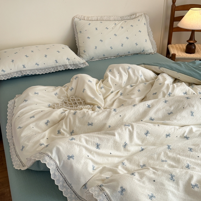 91家纺网 家纺一手货源 找家纺 一霖家纺 2025新款云感双层纱花边款四件套 蝴蝶结