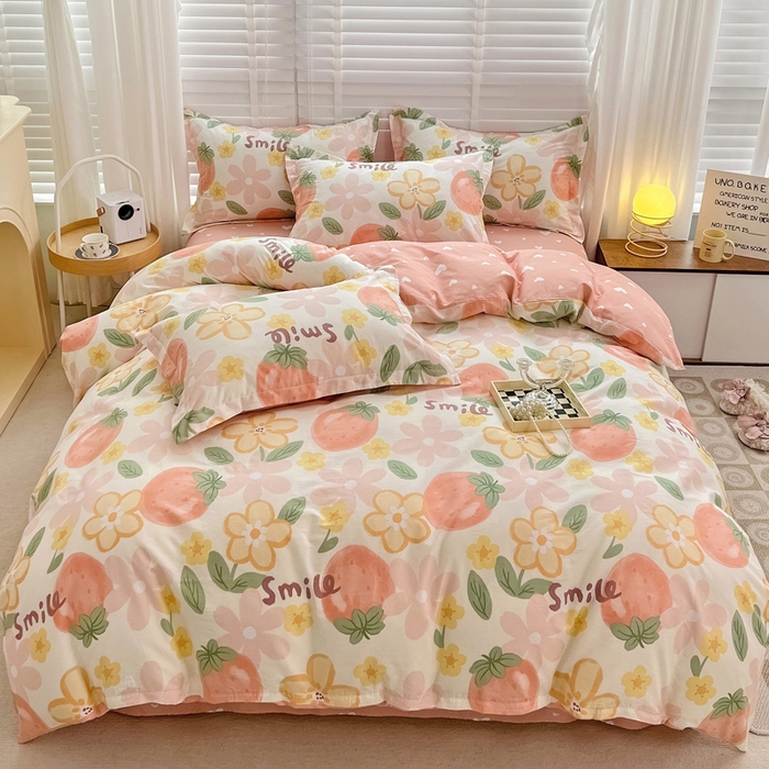 91家纺网 家纺一手货源 找家纺 依庭 2025新款全棉印花花卉款四件套单品系列-四件套 笑脸草莓