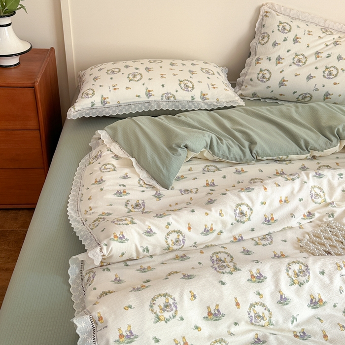 91家纺网 家纺一手货源 找家纺 一霖家纺 2025新款云感双层纱花边款四件套 森林小兔