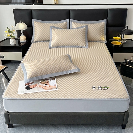 91家纺网 家纺一手货源 找家纺 席皇后 2025新款亲肤舒适A类提花冰丝凉席 床笠款 快乐熊猫-卡其