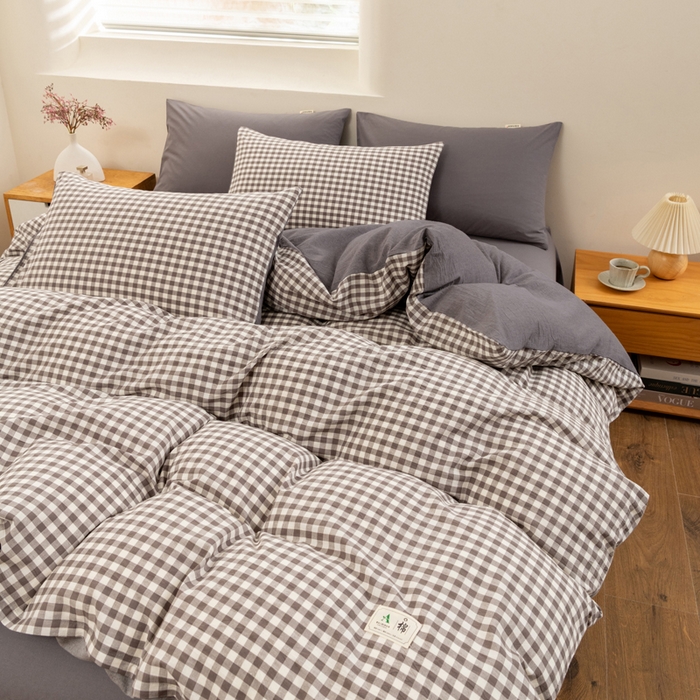 91家纺网 家纺一手货源 找家纺 居美良品 2025新款100%全棉色织水洗棉四件套 灰小格