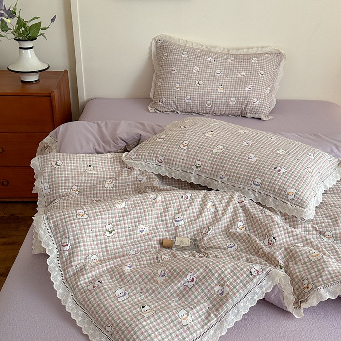 91家纺网 家纺一手货源 找家纺 一霖家纺 2025新款云感双层纱花边款四件套 西高地