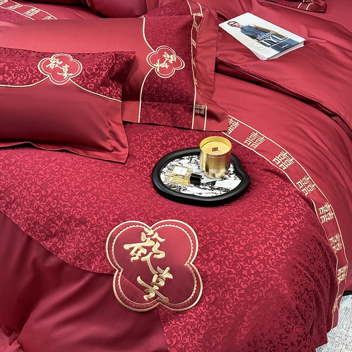 91家纺网 家纺一手货源 找家纺 2025新款婚庆四件套亲肤棉刺绣磨毛婚庆四件套 禧时