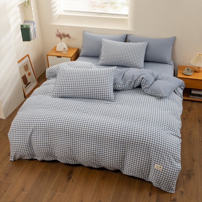 91家纺网 家纺一手货源 找家纺 居美良品 2025新款100%全棉色织水洗棉四件套 蓝小格