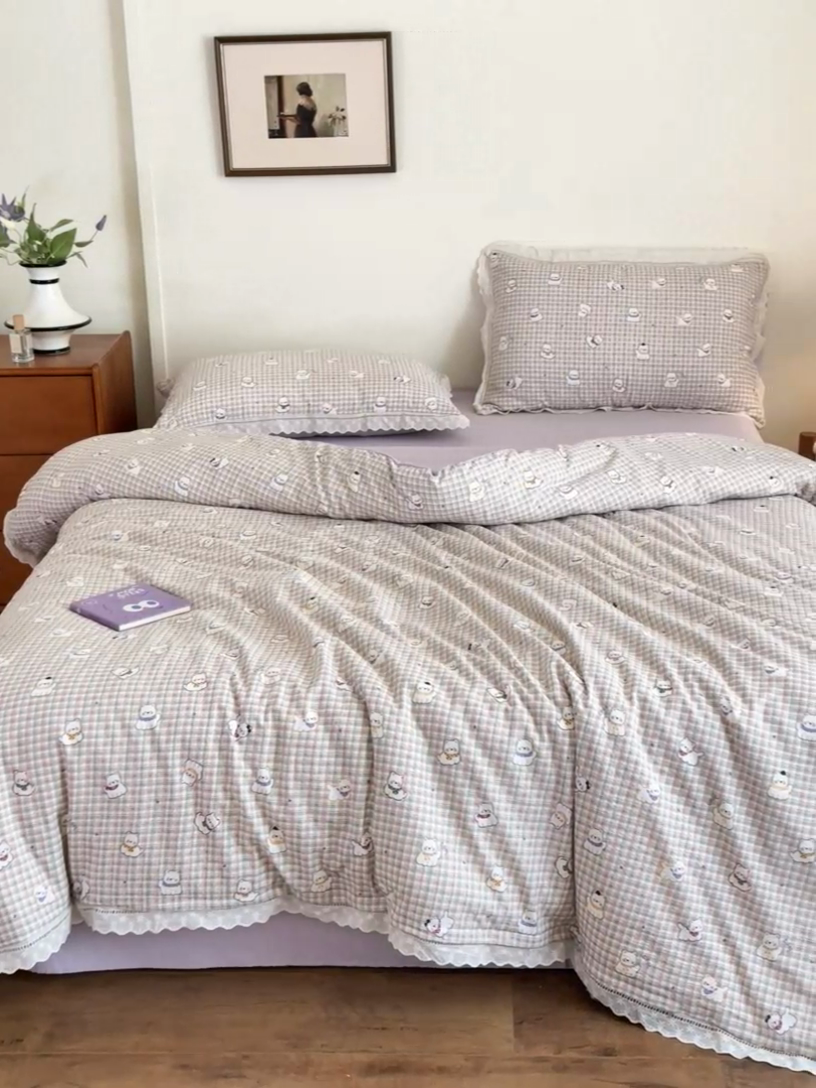 91家纺网 家纺一手货源 找家纺 一霖家纺 2025新款云感双层纱花边款四件套 西高地