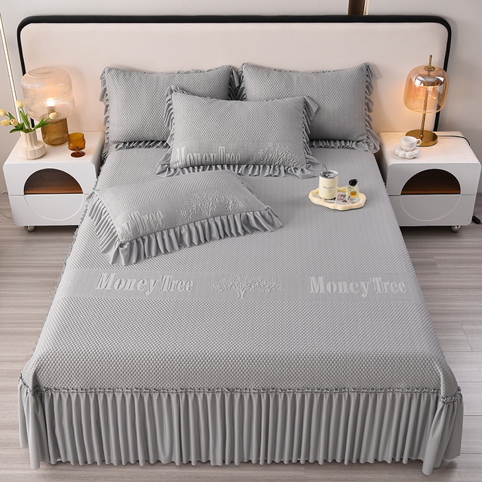 91家纺网 家纺一手货源 找家纺 畅畅家纺 2025新款立体提花凉豆豆席床裙款凉席 金钱树-灰