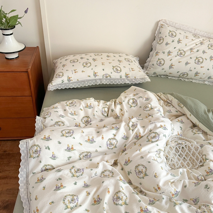 91家纺网 家纺一手货源 找家纺 一霖家纺 2025新款云感双层纱花边款四件套 森林小兔