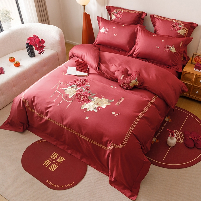 91家纺网 家纺一手货源 找家纺 2025新款婚庆四件套亲肤棉刺绣磨毛婚庆四件套 吉祥如意