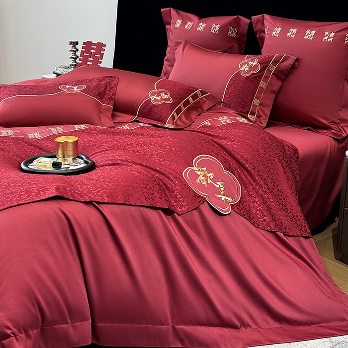 91家纺网 家纺一手货源 找家纺 2025新款婚庆四件套亲肤棉刺绣磨毛婚庆四件套 禧时