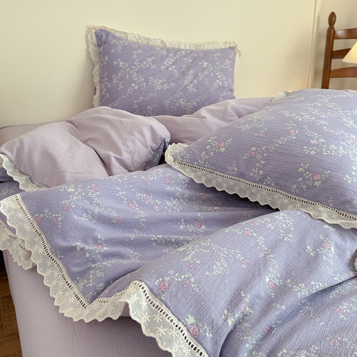 91家纺网 家纺一手货源 找家纺 一霖家纺 2025新款云感双层纱花边款四件套 紫韵