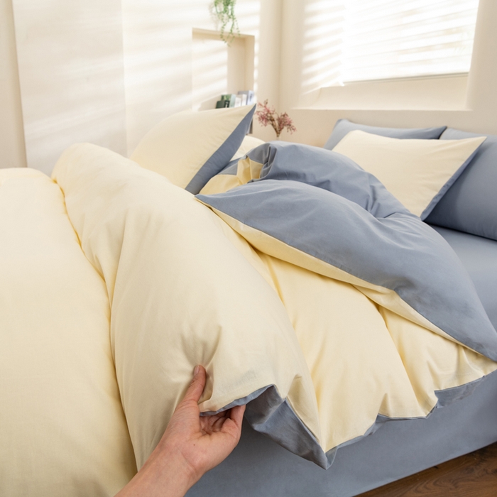 91家纺网 家纺一手货源 找家纺 居美良品 2025新款100%全棉色织水洗棉四件套 奶昔-蓝