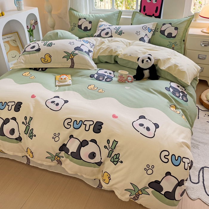 91家纺网 家纺一手货源 找家纺 依庭 2025新款全棉印花花卉款四件套单品系列-四件套 熊猫溪水