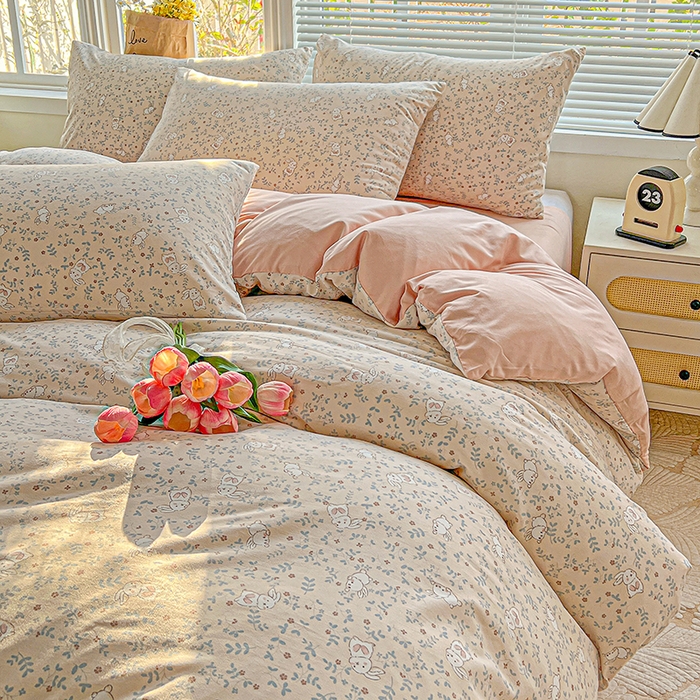 91家纺网 家纺一手货源 找家纺 2025水洗棉双层纱简约风ins风小碎花被套床单款床笠款三四件套-单被套