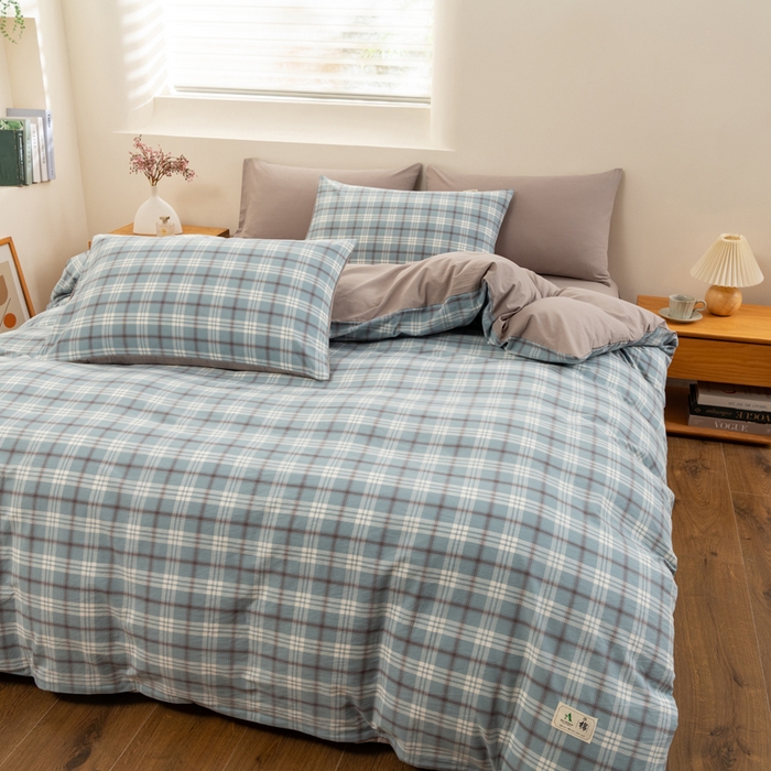 91家纺网 家纺一手货源 找家纺 居美良品 2025新款100%全棉色织水洗棉四件套 迷雾-蓝