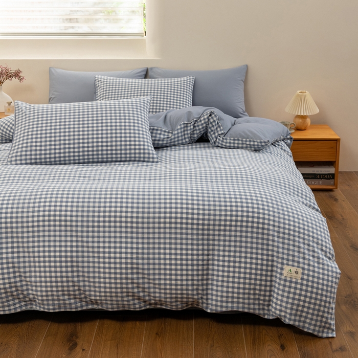 91家纺网 家纺一手货源 找家纺 居美良品 2025新款100%全棉色织水洗棉四件套 蓝小格