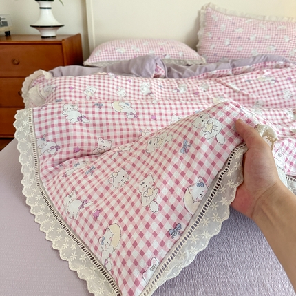 一霖家纺 2025新款云感双层纱花边款四件套 粉色小猫