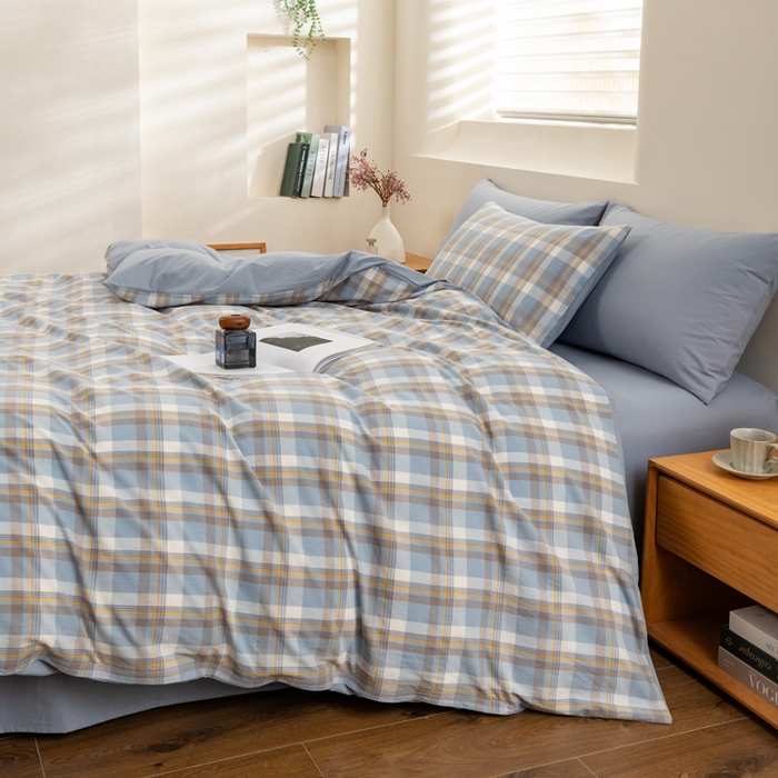 91家纺网 家纺一手货源 找家纺 居美良品 2025新款100%全棉色织水洗棉四件套 静雅-蓝