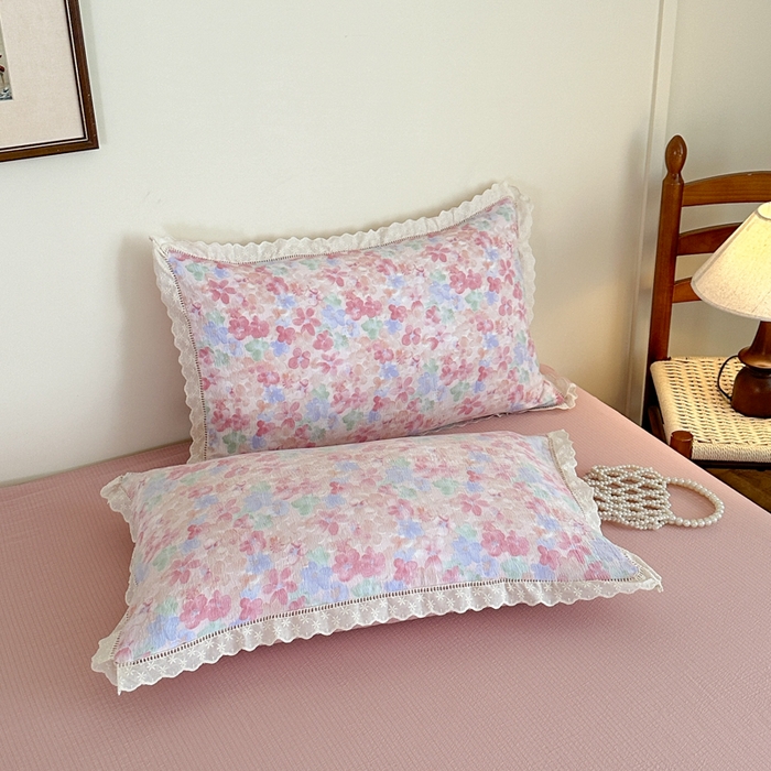 91家纺网 家纺一手货源 找家纺 一霖家纺 2025新款云感双层纱花边款四件套 十里桃花