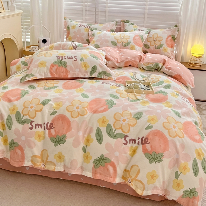 91家纺网 家纺一手货源 找家纺 依庭 2025新款全棉印花花卉款四件套单品系列-四件套 笑脸草莓