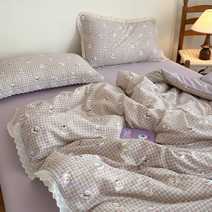 91家纺网 家纺一手货源 找家纺 一霖家纺 2025新款云感双层纱花边款四件套 西高地