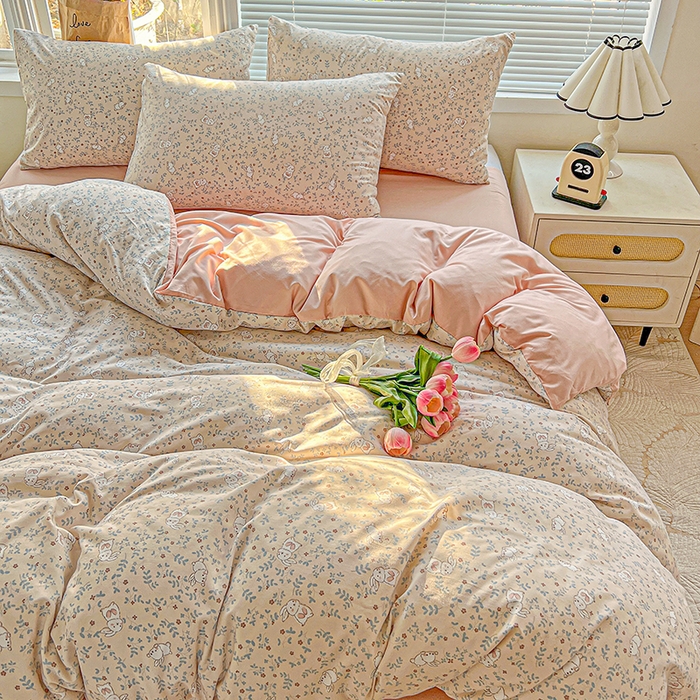 91家纺网 家纺一手货源 找家纺 2025水洗棉双层纱简约风ins风小碎花被套床单款床笠款三四件套-单被套