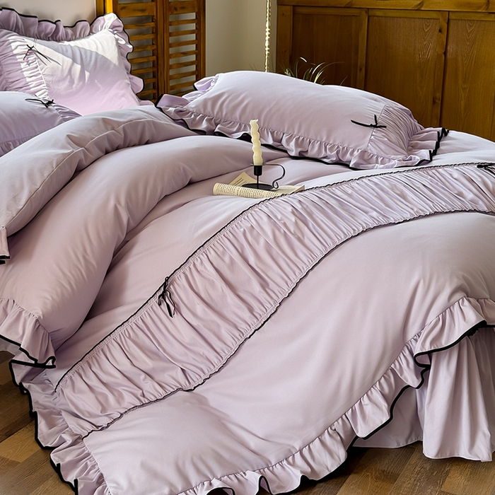 91家纺网 家纺一手货源 找家纺 2025秋冬新款A类母婴级法式风忆棉床裙床笠四件套 琉眠-木槿紫