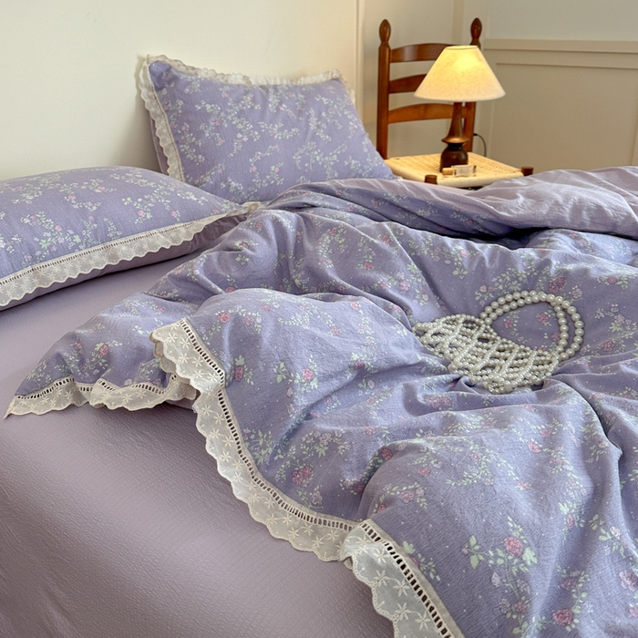 91家纺网 家纺一手货源 找家纺 一霖家纺 2025新款云感双层纱花边款四件套 紫韵