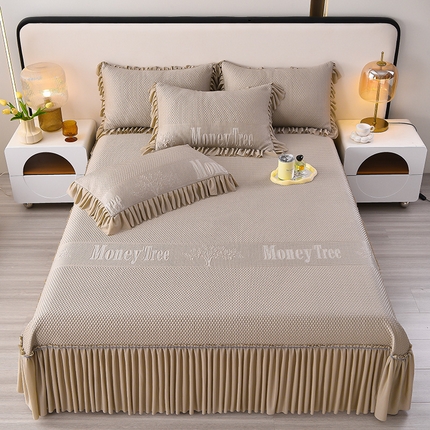 畅畅家纺 2025新款立体提花凉豆豆席床裙款凉席 金钱树-咖