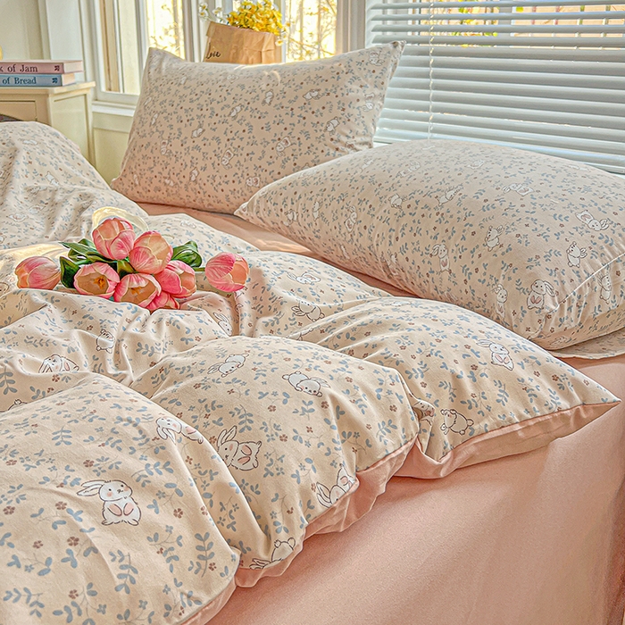 91家纺网 家纺一手货源 找家纺 2025水洗棉双层纱简约风ins风小碎花被套床单款床笠款三四件套-单被套