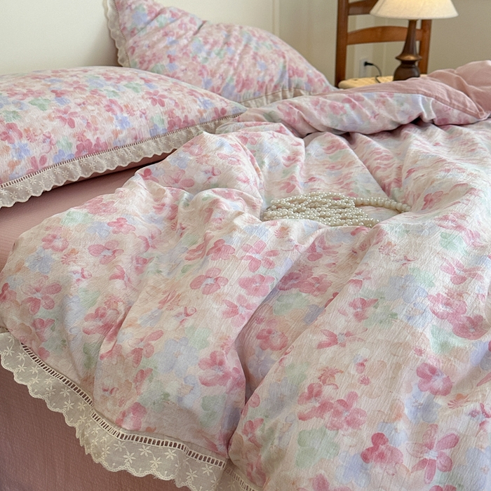 91家纺网 家纺一手货源 找家纺 一霖家纺 2025新款云感双层纱花边款四件套 十里桃花