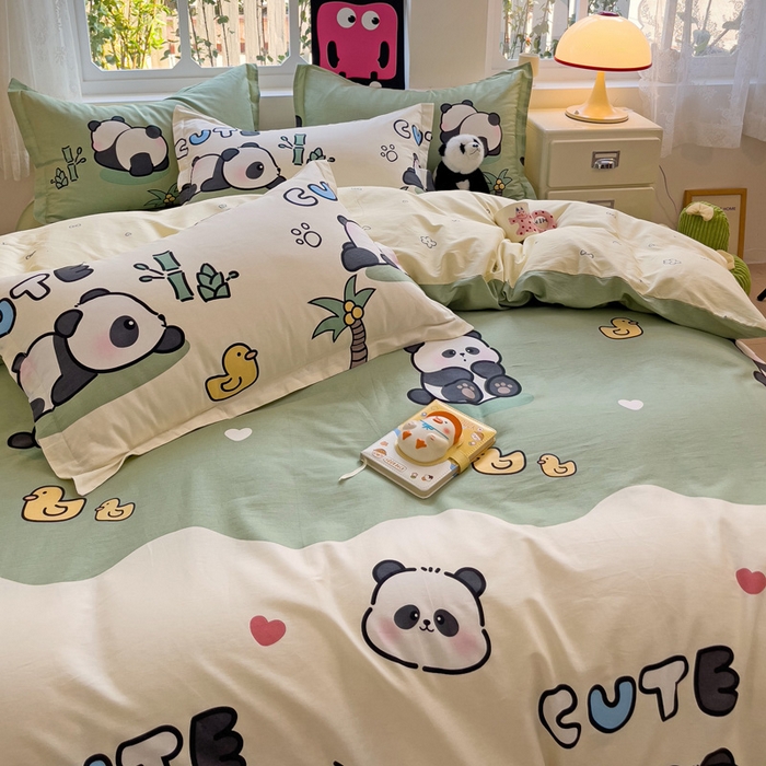 91家纺网 家纺一手货源 找家纺 依庭 2025新款全棉印花花卉款四件套单品系列-四件套 熊猫溪水