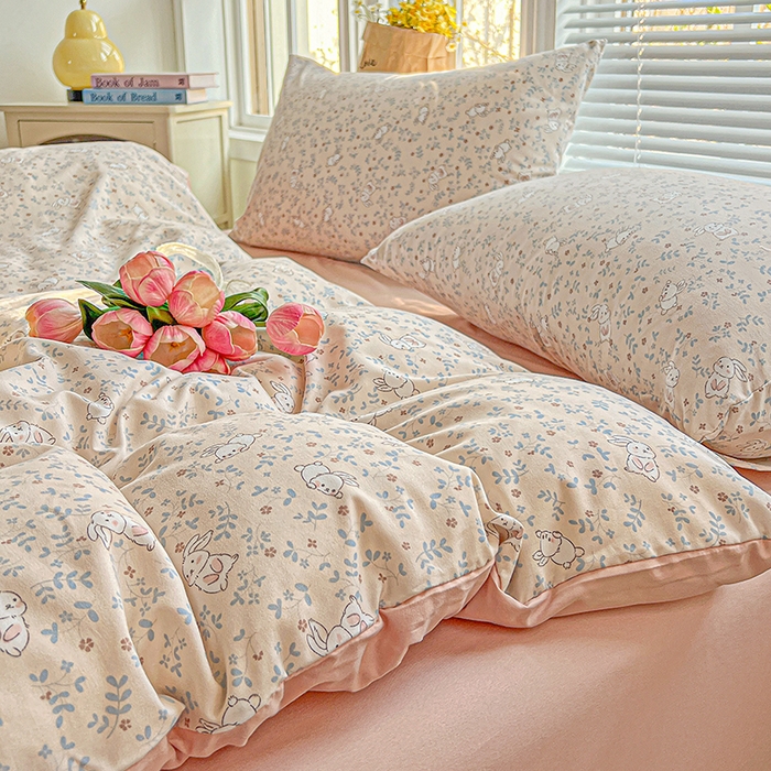 91家纺网 家纺一手货源 找家纺 2025水洗棉双层纱简约风ins风小碎花被套床单款床笠款三四件套-单被套