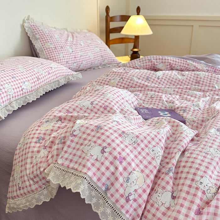 91家纺网 家纺一手货源 找家纺 一霖家纺 2025新款云感双层纱花边款四件套 粉色小猫