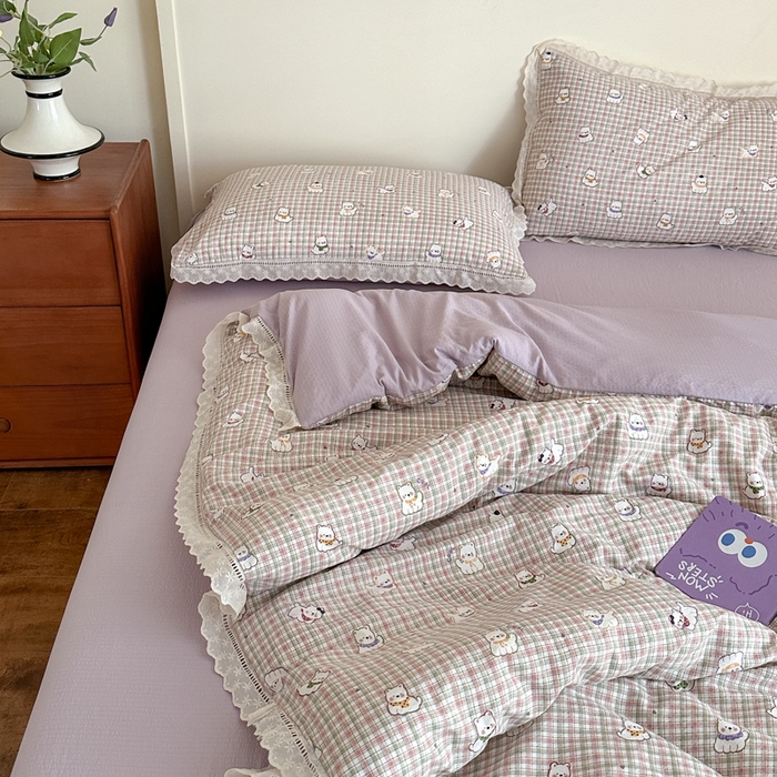 91家纺网 家纺一手货源 找家纺 一霖家纺 2025新款云感双层纱花边款四件套 西高地