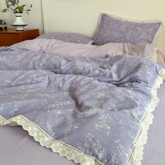 91家纺网 家纺一手货源 找家纺 一霖家纺 2025新款云感双层纱花边款四件套 紫韵